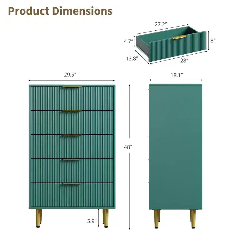 GustoWave Fluted Dresser for Bedroom with 5 Drawers, Wooden Chest of Drawers with Metal Handle & Feet, Natural Dresser for Living Room, Bedroom