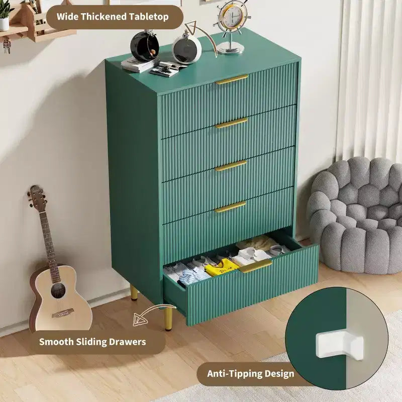 GustoWave Fluted Dresser for Bedroom with 5 Drawers, Wooden Chest of Drawers with Metal Handle & Feet, Natural Dresser for Living Room, Bedroom