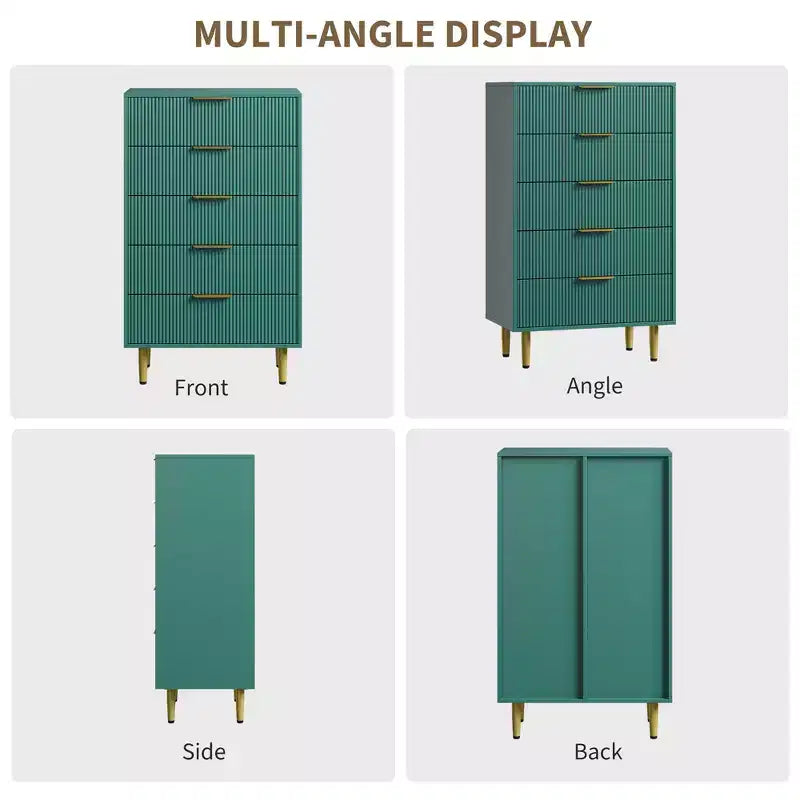 GustoWave Fluted Dresser for Bedroom with 5 Drawers, Wooden Chest of Drawers with Metal Handle & Feet, Natural Dresser for Living Room, Bedroom