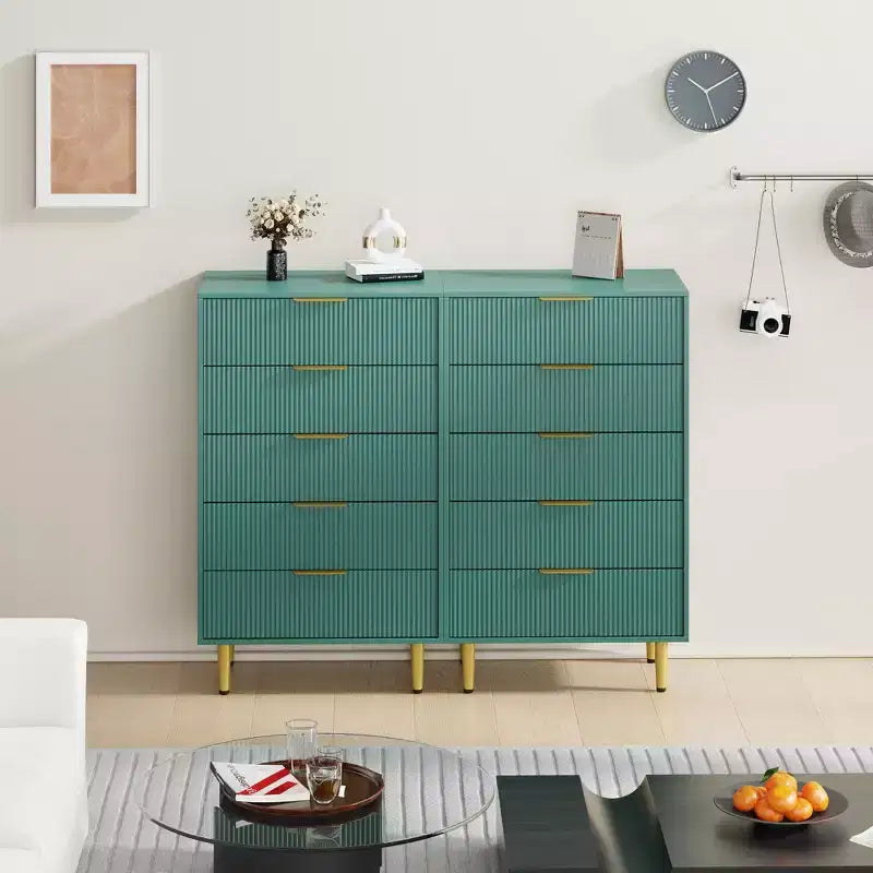 GustoWave Fluted Dresser for Bedroom with 5 Drawers, Wooden Chest of Drawers with Metal Handle & Feet, Natural Dresser for Living Room, Bedroom