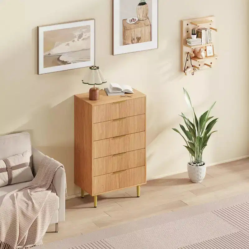 GustoWave Fluted Dresser for Bedroom with 5 Drawers, Wooden Chest of Drawers with Metal Handle & Feet, Natural Dresser for Living Room, Bedroom