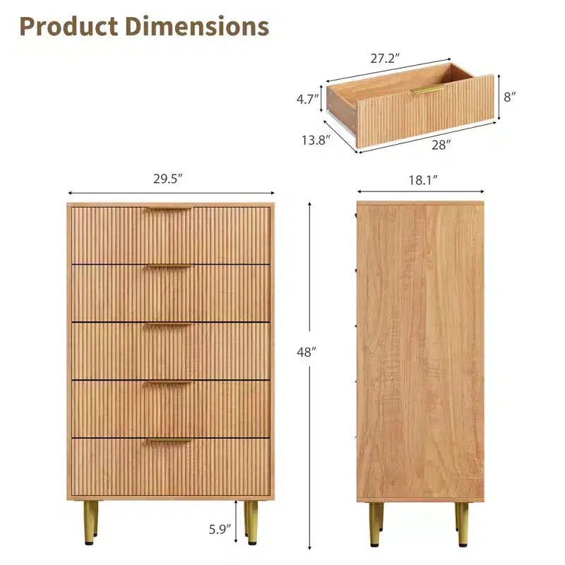 GustoWave Fluted Dresser for Bedroom with 5 Drawers, Wooden Chest of Drawers with Metal Handle & Feet, Natural Dresser for Living Room, Bedroom