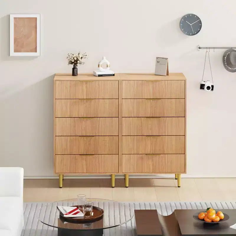 GustoWave Fluted Dresser for Bedroom with 5 Drawers, Wooden Chest of Drawers with Metal Handle & Feet, Natural Dresser for Living Room, Bedroom
