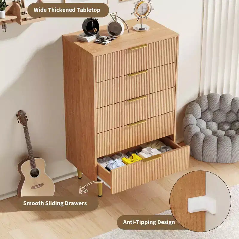 GustoWave Fluted Dresser for Bedroom with 5 Drawers, Wooden Chest of Drawers with Metal Handle & Feet, Natural Dresser for Living Room, Bedroom