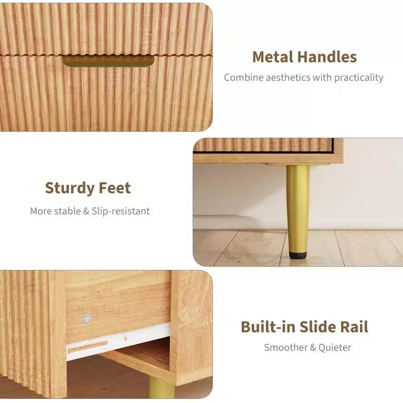 GustoWave Fluted Dresser for Bedroom with 5 Drawers, Wooden Chest of Drawers with Metal Handle & Feet, Natural Dresser for Living Room, Bedroom