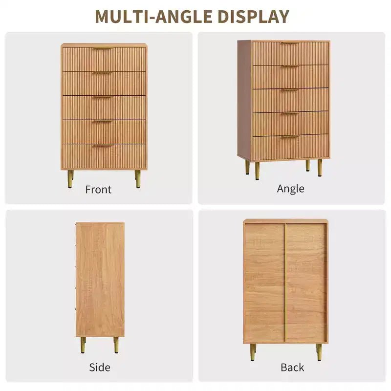 GustoWave Fluted Dresser for Bedroom with 5 Drawers, Wooden Chest of Drawers with Metal Handle & Feet, Natural Dresser for Living Room, Bedroom