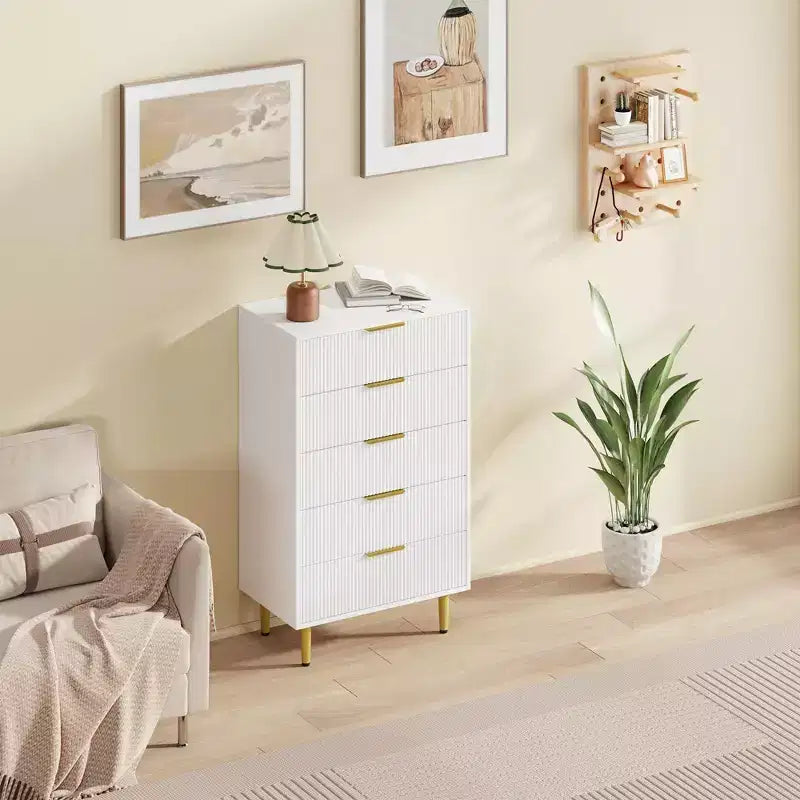 GustoWave Fluted Dresser for Bedroom with 5 Drawers, Wooden Chest of Drawers with Metal Handle & Feet, Natural Dresser for Living Room, Bedroom