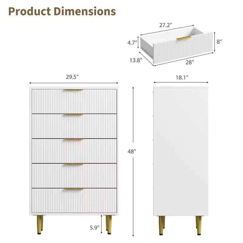 GustoWave Fluted Dresser for Bedroom with 5 Drawers, Wooden Chest of Drawers with Metal Handle & Feet, Natural Dresser for Living Room, Bedroom