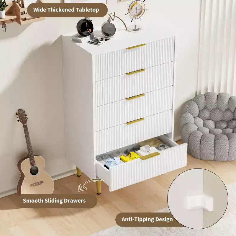GustoWave Fluted Dresser for Bedroom with 5 Drawers, Wooden Chest of Drawers with Metal Handle & Feet, Natural Dresser for Living Room, Bedroom