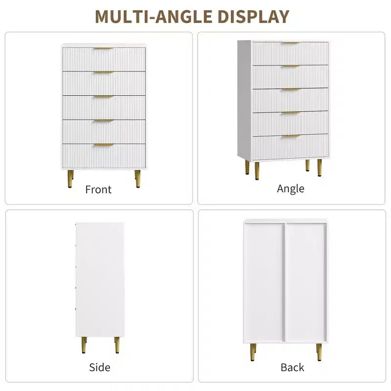 GustoWave Fluted Dresser for Bedroom with 5 Drawers, Wooden Chest of Drawers with Metal Handle & Feet, Natural Dresser for Living Room, Bedroom