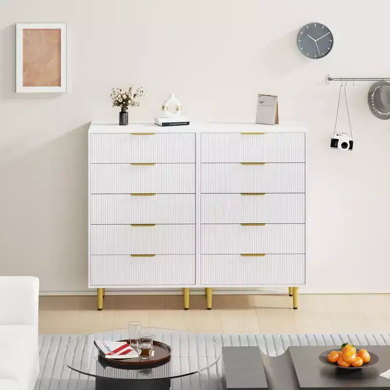 GustoWave Fluted Dresser for Bedroom with 5 Drawers, Wooden Chest of Drawers with Metal Handle & Feet, Natural Dresser for Living Room, Bedroom