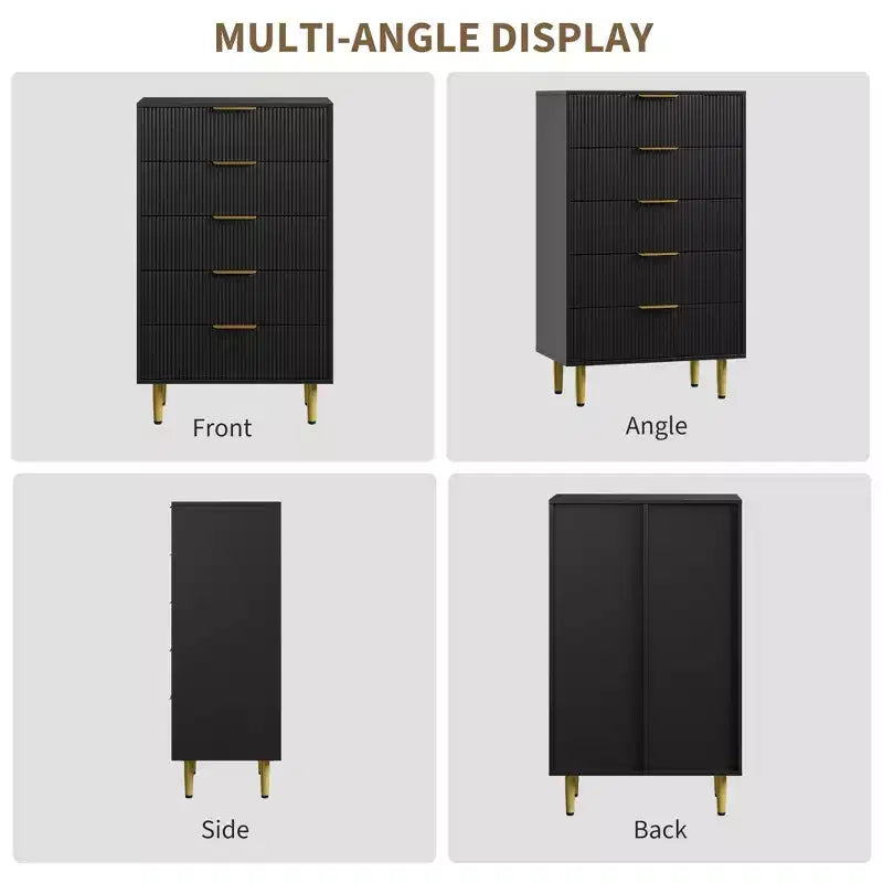 GustoWave Fluted Dresser for Bedroom with 5 Drawers, Wooden Chest of Drawers with Metal Handle & Feet, Natural Dresser for Living Room, Bedroom