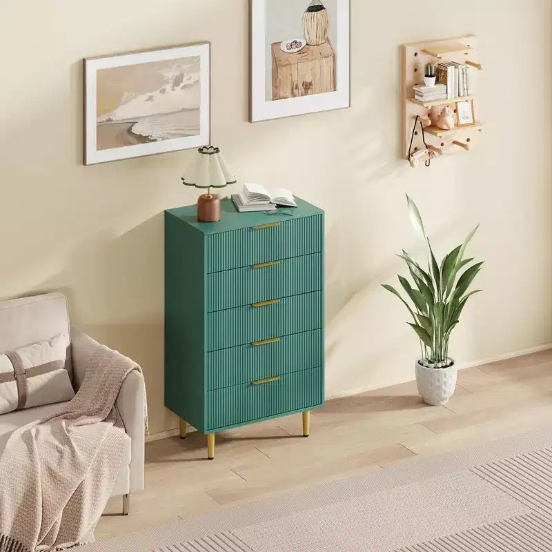 GustoWave Fluted Dresser for Bedroom with 5 Drawers, Wooden Chest of Drawers with Metal Handle & Feet, Natural Dresser for Living Room, Bedroom