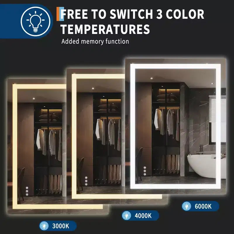 Bathroom Mirror , Frameless Vanity Mirror with Anti-Fog & Dimmable Lights