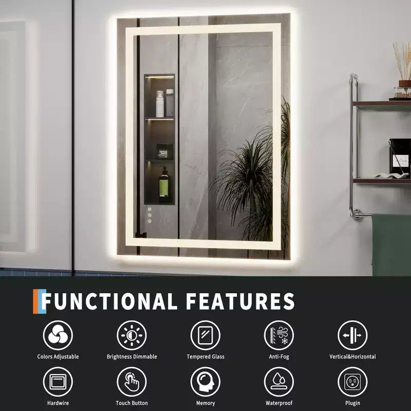 Bathroom Mirror , Frameless Vanity Mirror with Anti-Fog & Dimmable Lights