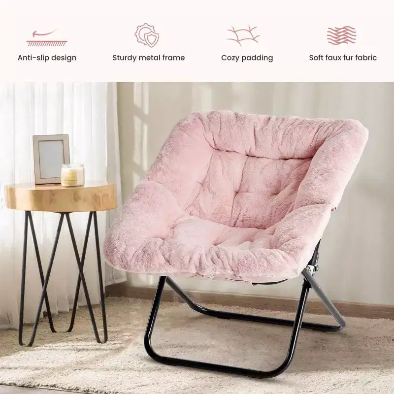 JIONJOY Soft Faux Fur Folding Lounge Chair - Large Size for Adults/Teens, Foldable Reading Chair
