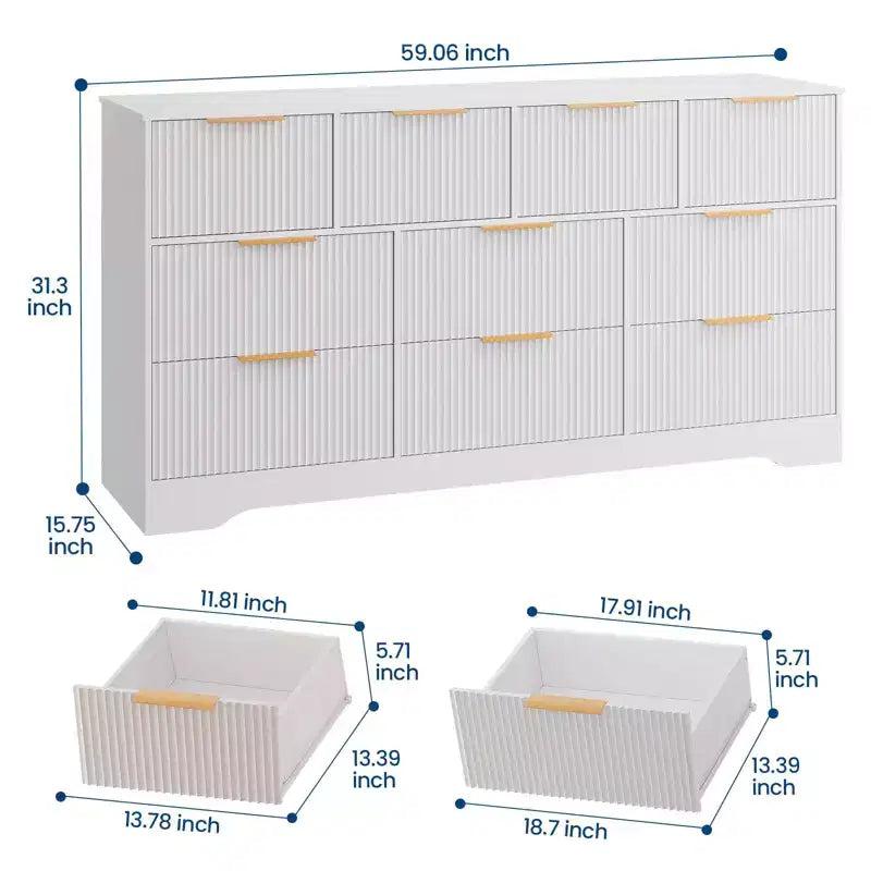 10 Drawer Dresser for Bedroom,59W Wooden Chest of Drawers with Gold Handles, Fluted Large Dresser TV Stand, Clothes Storage Organizer for Bedroom