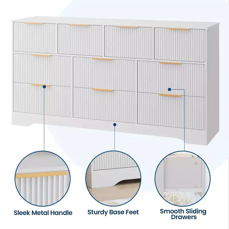 10 Drawer Dresser for Bedroom,59W Wooden Chest of Drawers with Gold Handles, Fluted Large Dresser TV Stand, Clothes Storage Organizer for Bedroom