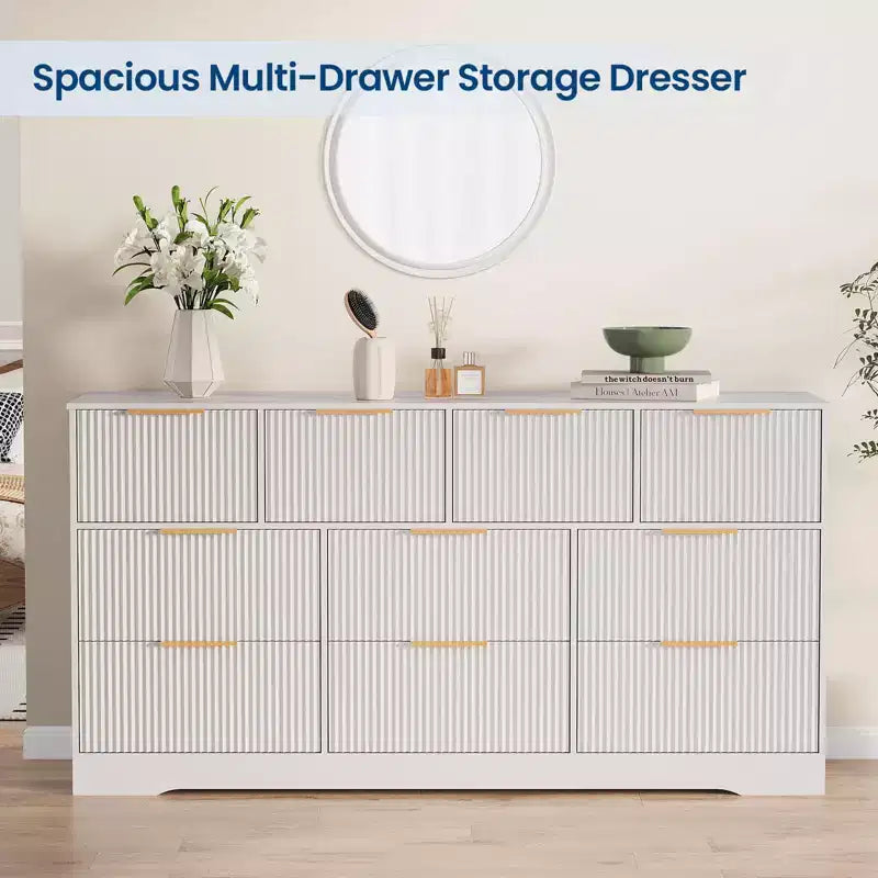 10 Drawer Dresser for Bedroom,59W Wooden Chest of Drawers with Gold Handles, Fluted Large Dresser TV Stand, Clothes Storage Organizer for Bedroom