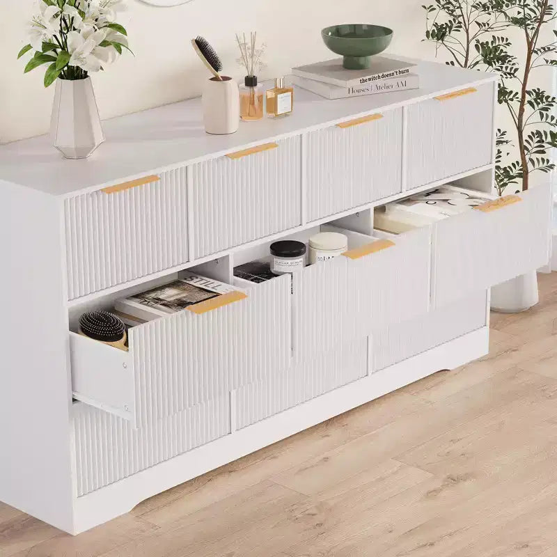 10 Drawer Dresser for Bedroom,59W Wooden Chest of Drawers with Gold Handles, Fluted Large Dresser TV Stand, Clothes Storage Organizer for Bedroom