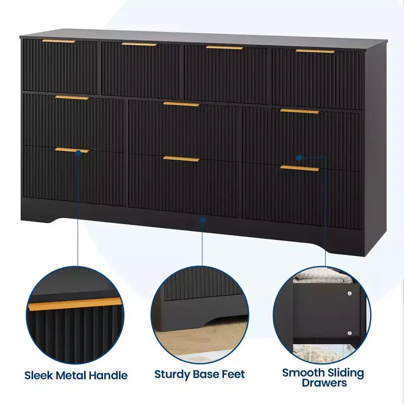 10 Drawer Dresser for Bedroom,59W Wooden Chest of Drawers with Gold Handles, Fluted Large Dresser TV Stand, Clothes Storage Organizer for Bedroom