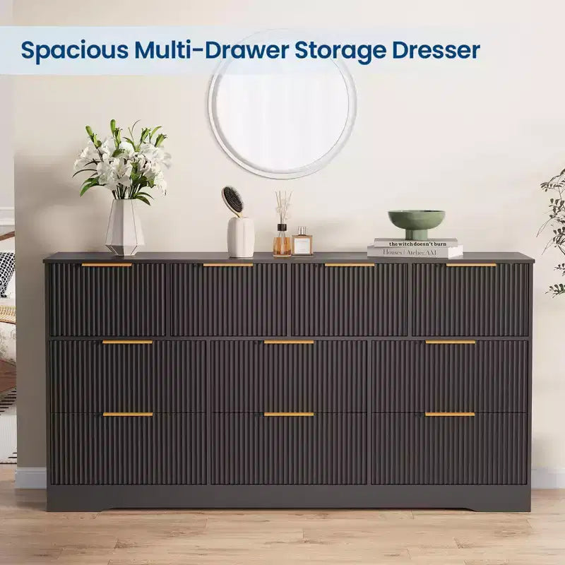 10 Drawer Dresser for Bedroom,59W Wooden Chest of Drawers with Gold Handles, Fluted Large Dresser TV Stand, Clothes Storage Organizer for Bedroom