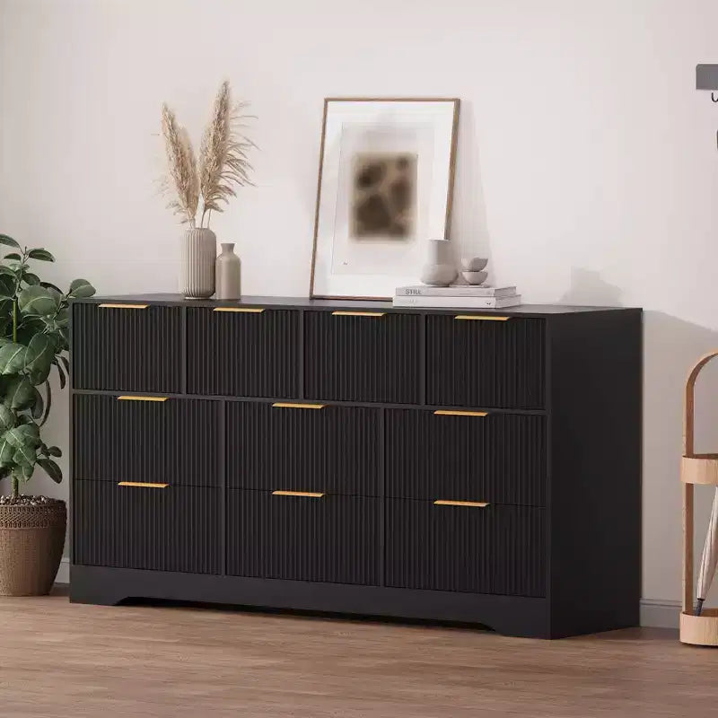 10 Drawer Dresser for Bedroom,59W Wooden Chest of Drawers with Gold Handles, Fluted Large Dresser TV Stand, Clothes Storage Organizer for Bedroom