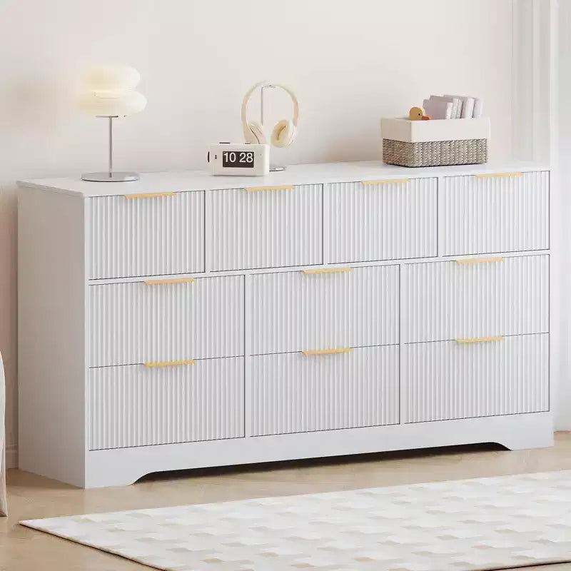10 Drawer Dresser for Bedroom,59W Wooden Chest of Drawers with Gold Handles, Fluted Large Dresser TV Stand, Clothes Storage Organizer for Bedroom