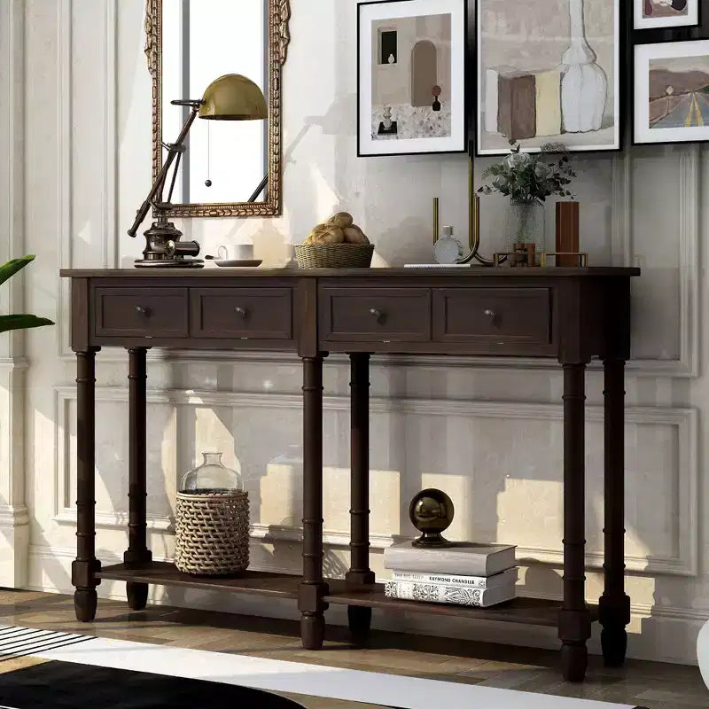 Okak 58IN Vintage Narrow Console Table, Entryway Table with Two Storage Drawers and Bottom Shelf, Accent Table for Living Room, Hallway