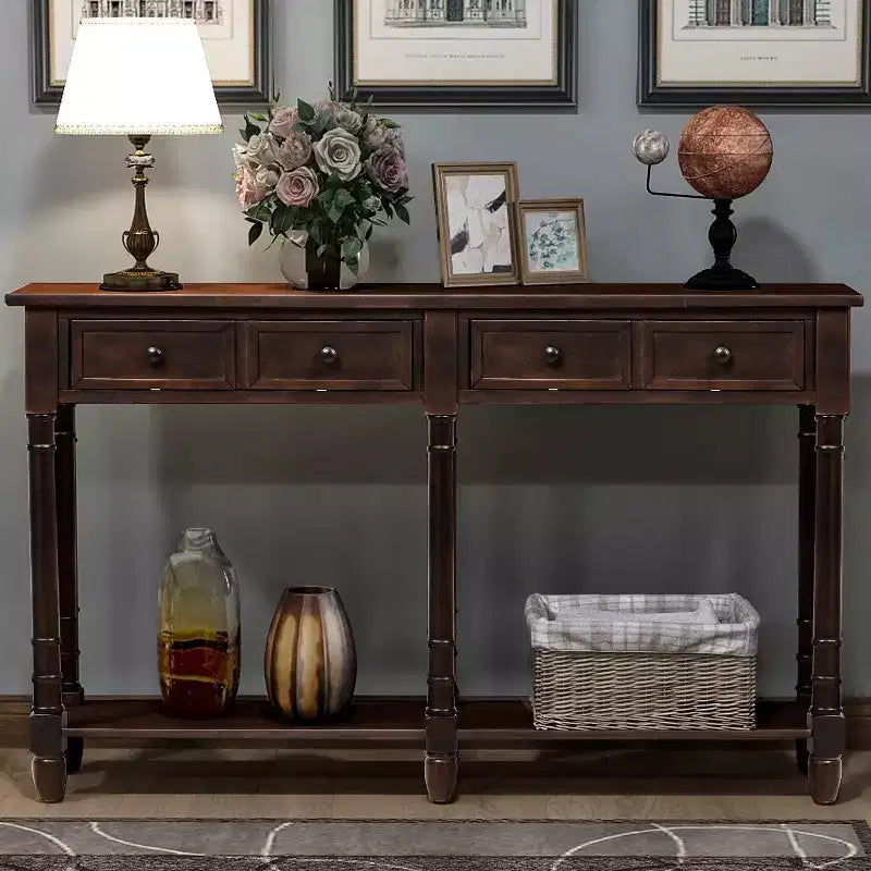 Okak 58IN Vintage Narrow Console Table, Entryway Table with Two Storage Drawers and Bottom Shelf, Accent Table for Living Room, Hallway