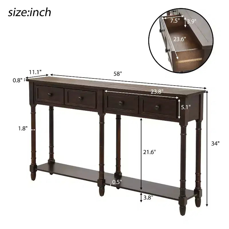 Okak 58IN Vintage Narrow Console Table, Entryway Table with Two Storage Drawers and Bottom Shelf, Accent Table for Living Room, Hallway