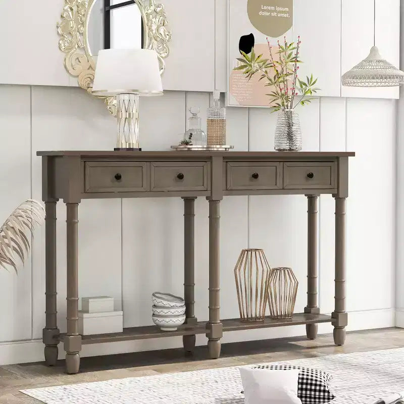 Okak 58IN Vintage Narrow Console Table, Entryway Table with Two Storage Drawers and Bottom Shelf, Accent Table for Living Room, Hallway