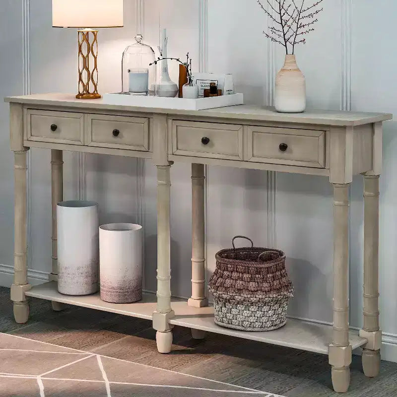 Okak 58IN Vintage Narrow Console Table, Entryway Table with Two Storage Drawers and Bottom Shelf, Accent Table for Living Room, Hallway