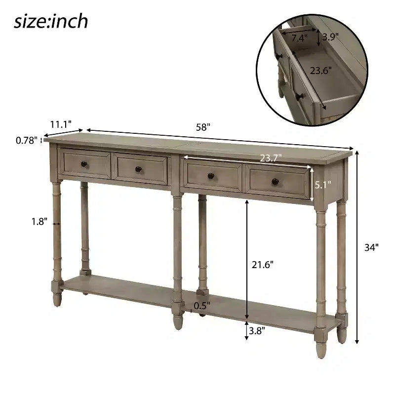 Okak 58IN Vintage Narrow Console Table, Entryway Table with Two Storage Drawers and Bottom Shelf, Accent Table for Living Room, Hallway