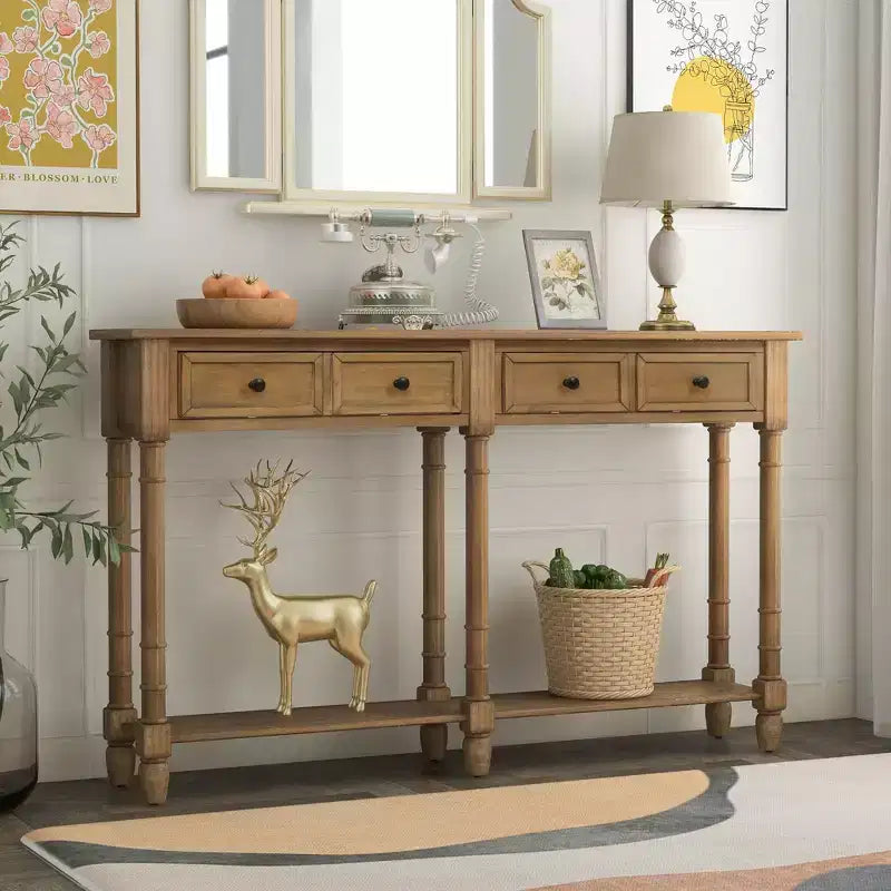 Okak 58IN Vintage Narrow Console Table, Entryway Table with Two Storage Drawers and Bottom Shelf, Accent Table for Living Room, Hallway