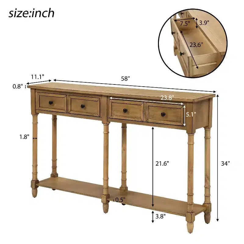 Okak 58IN Vintage Narrow Console Table, Entryway Table with Two Storage Drawers and Bottom Shelf, Accent Table for Living Room, Hallway