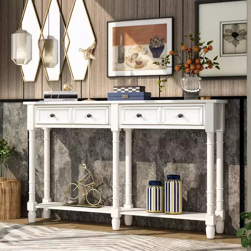 Okak 58IN Vintage Narrow Console Table, Entryway Table with Two Storage Drawers and Bottom Shelf, Accent Table for Living Room, Hallway