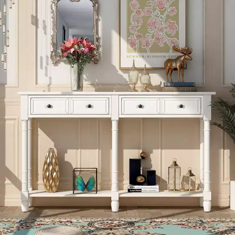 Okak 58IN Vintage Narrow Console Table, Entryway Table with Two Storage Drawers and Bottom Shelf, Accent Table for Living Room, Hallway