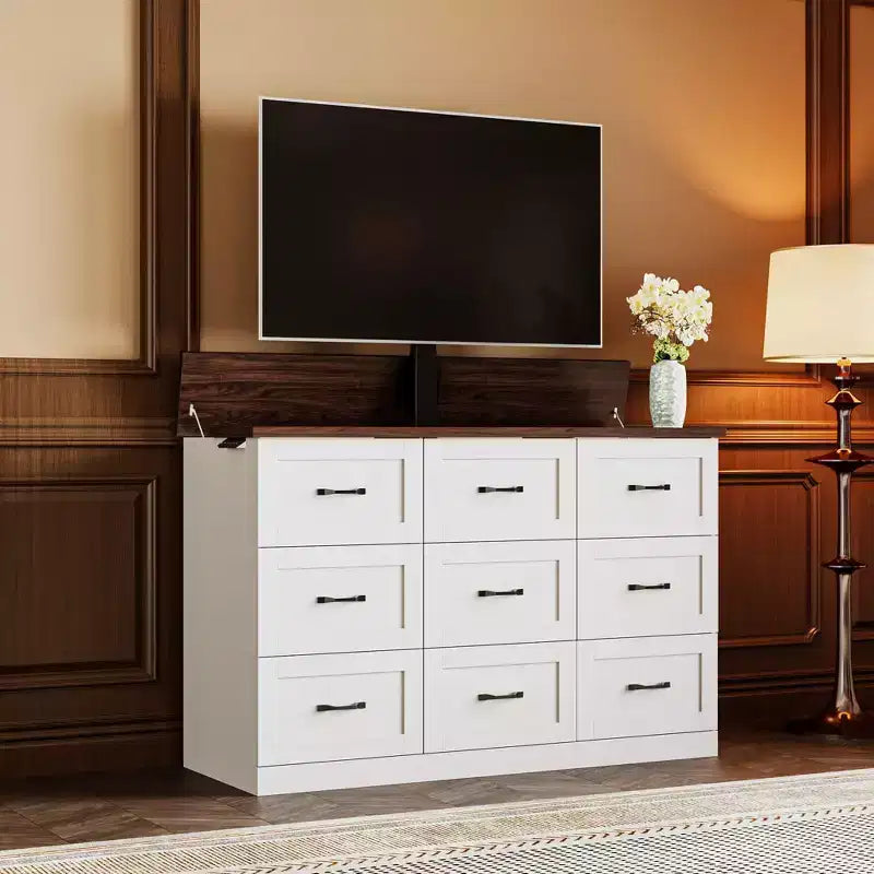 Famapy Electric Gaming Cabinet with Silent Lift TV Stand, 9 Drawers & 2 Outlets Entertainment Center for 35 - 65 Screens in Gaming Room