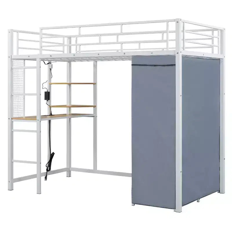 Okak 77.4IN Twin/Full Size Metal Loft Bed with Desk, Bed Frames with High Safety Guardrails and Wardrobe, Twin Bed for Bedroom, Dormitory