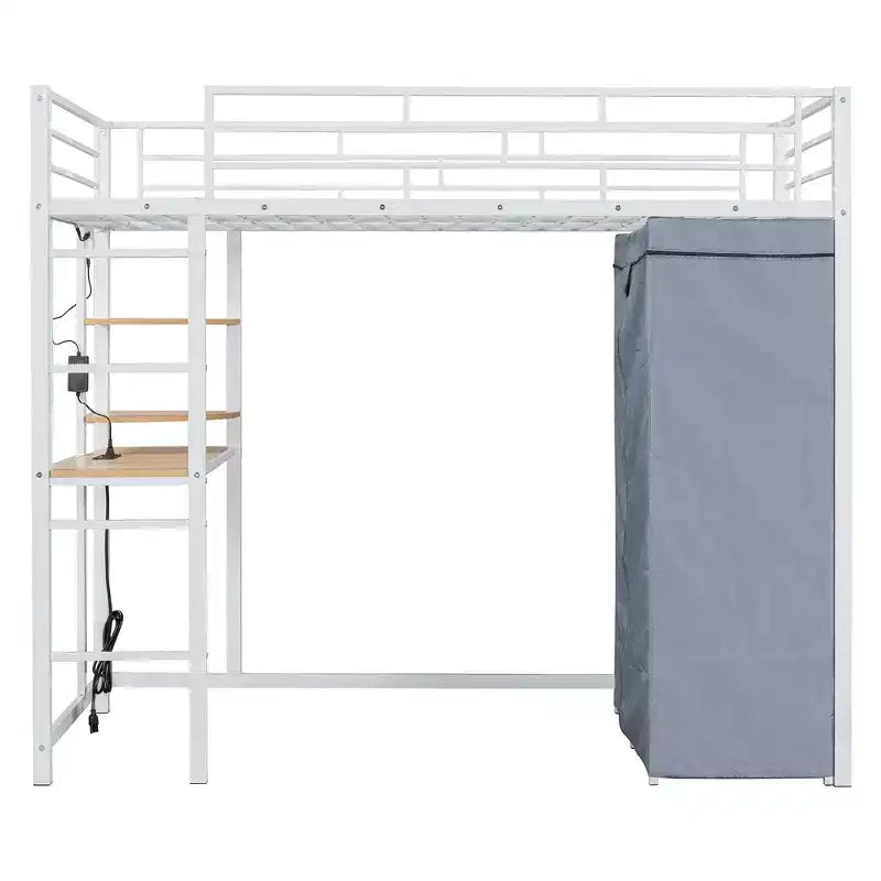 Okak 77.4IN Twin/Full Size Metal Loft Bed with Desk, Bed Frames with High Safety Guardrails and Wardrobe, Twin Bed for Bedroom, Dormitory