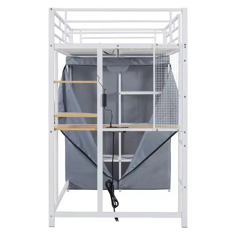 Okak 77.4IN Twin/Full Size Metal Loft Bed with Desk, Bed Frames with High Safety Guardrails and Wardrobe, Twin Bed for Bedroom, Dormitory