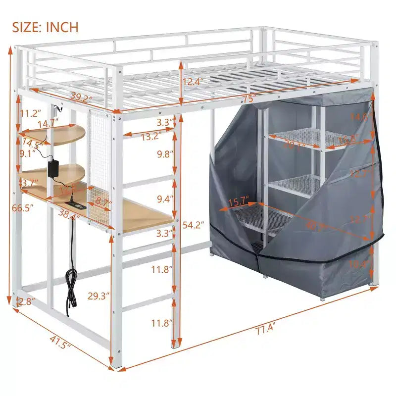 Okak 77.4IN Twin/Full Size Metal Loft Bed with Desk, Bed Frames with High Safety Guardrails and Wardrobe, Twin Bed for Bedroom, Dormitory