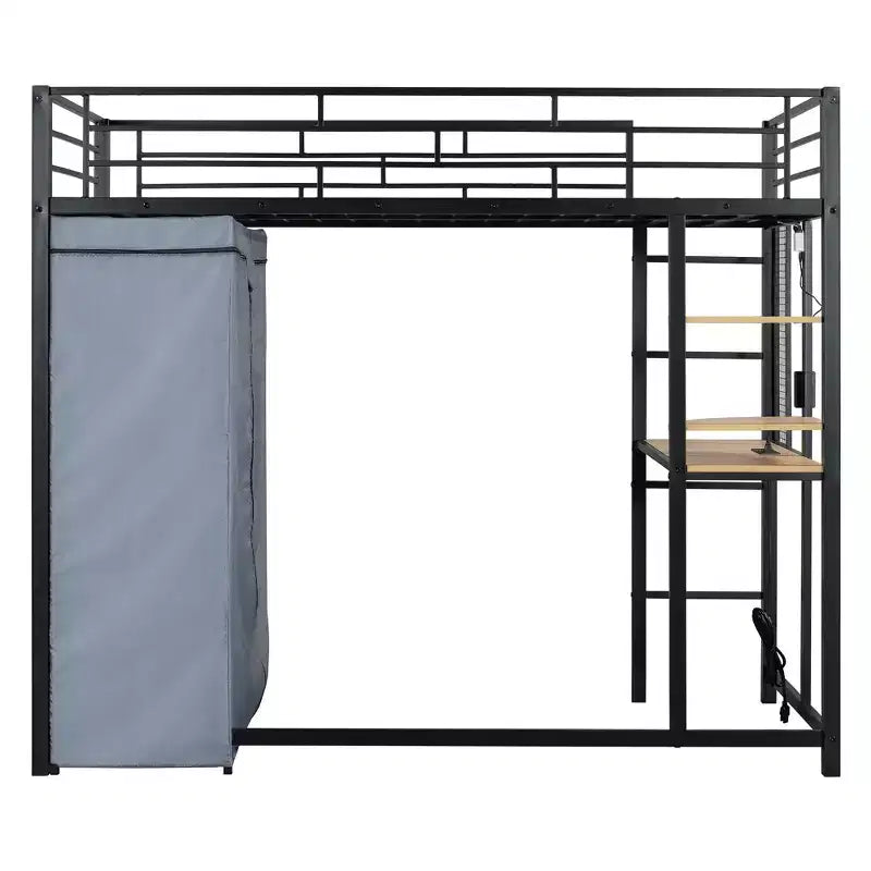 Okak 77.4IN Twin/Full Size Metal Loft Bed with Desk, Bed Frames with High Safety Guardrails and Wardrobe, Twin Bed for Bedroom, Dormitory