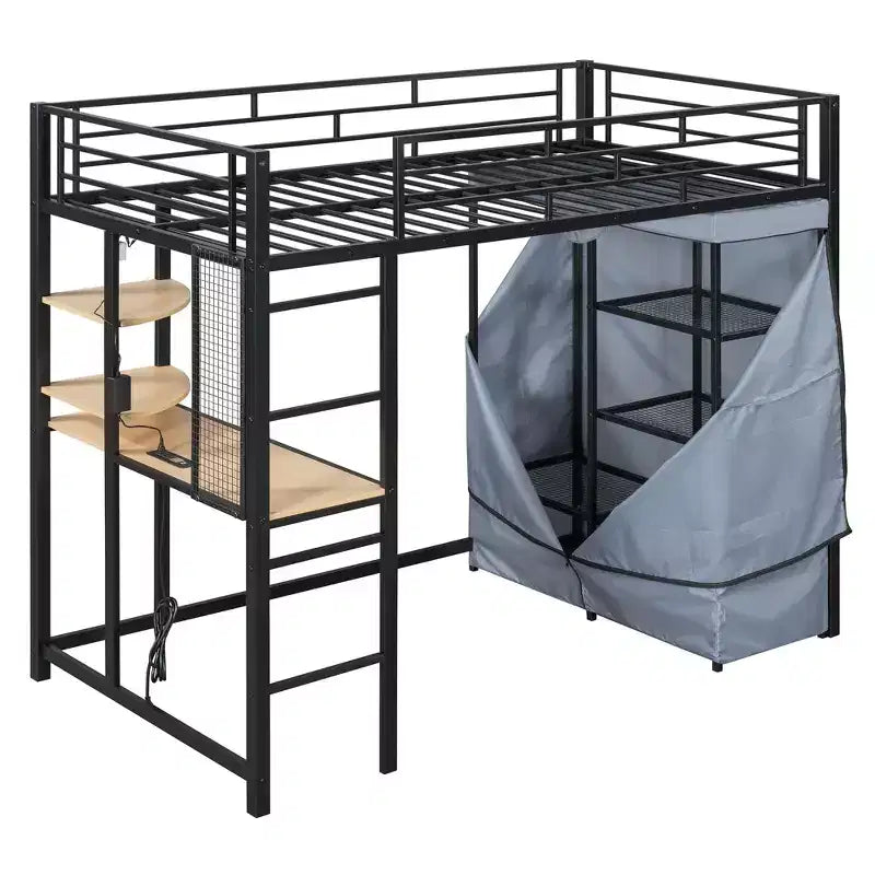 Okak 77.4IN Twin/Full Size Metal Loft Bed with Desk, Bed Frames with High Safety Guardrails and Wardrobe, Twin Bed for Bedroom, Dormitory