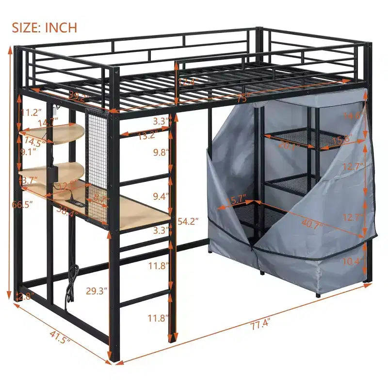 Okak 77.4IN Twin/Full Size Metal Loft Bed with Desk, Bed Frames with High Safety Guardrails and Wardrobe, Twin Bed for Bedroom, Dormitory
