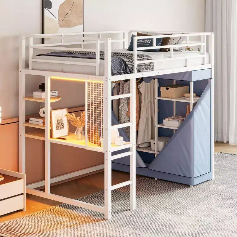 Okak 77.4IN Twin/Full Size Metal Loft Bed with Desk, Bed Frames with High Safety Guardrails and Wardrobe, Twin Bed for Bedroom, Dormitory