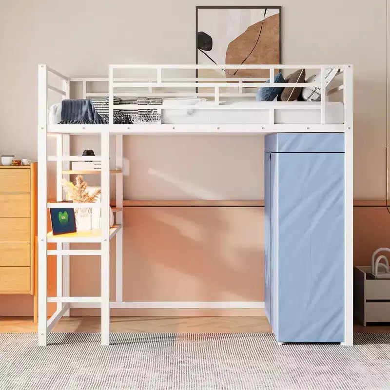 Okak 77.4IN Twin/Full Size Metal Loft Bed with Desk, Bed Frames with High Safety Guardrails and Wardrobe, Twin Bed for Bedroom, Dormitory