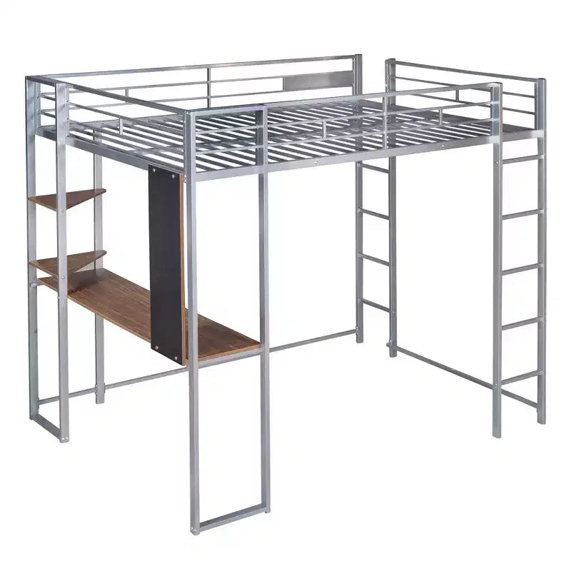 Okak 79.5IN Full Size Metal Loft Bed with 2 Ladders, Bed Frames With Desk, 2 Shelves and Safety Guardrails, Bunk Bed for Bedroom, Dormitory