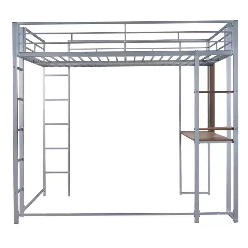 Okak 79.5IN Full Size Metal Loft Bed with 2 Ladders, Bed Frames With Desk, 2 Shelves and Safety Guardrails, Bunk Bed for Bedroom, Dormitory
